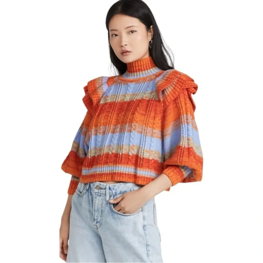 Colorful Ruffle-Shoulder Cropped Sweater - Orange/Blue - Picture 1 of 7